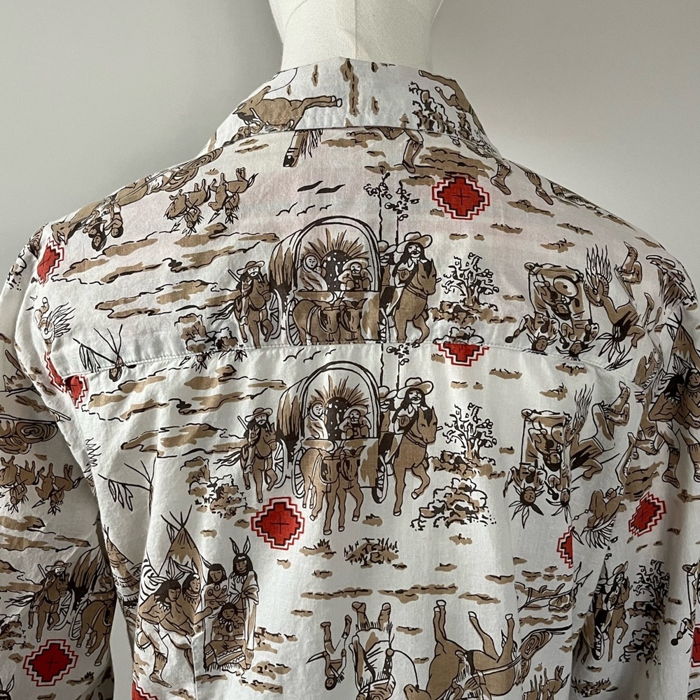 Tasha Polizzi Western Print Rolled Sleeve Tunic With Pockets White Brown Size M - Picture 8 of 16